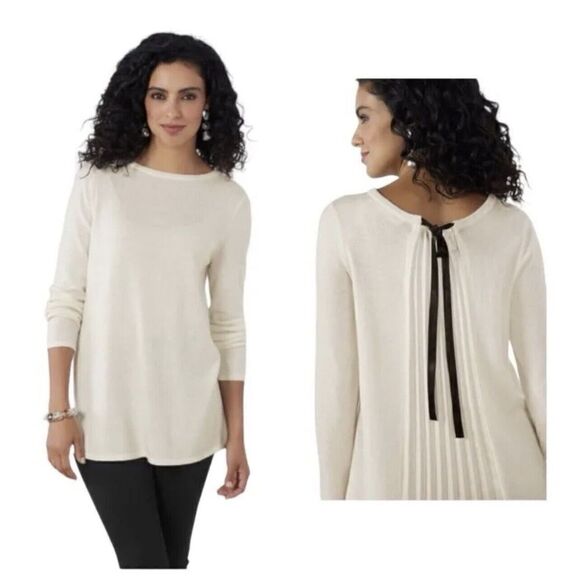 Soft Surroundings Pleated Back  Ecru Ivory Reserva Sweater Tunic Wool Medium - Picture 1 of 9